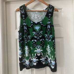 Chico’s Green Ikat Jacquard Linen Cotton Blend Sleeveless Tank Top Size 2 (L)